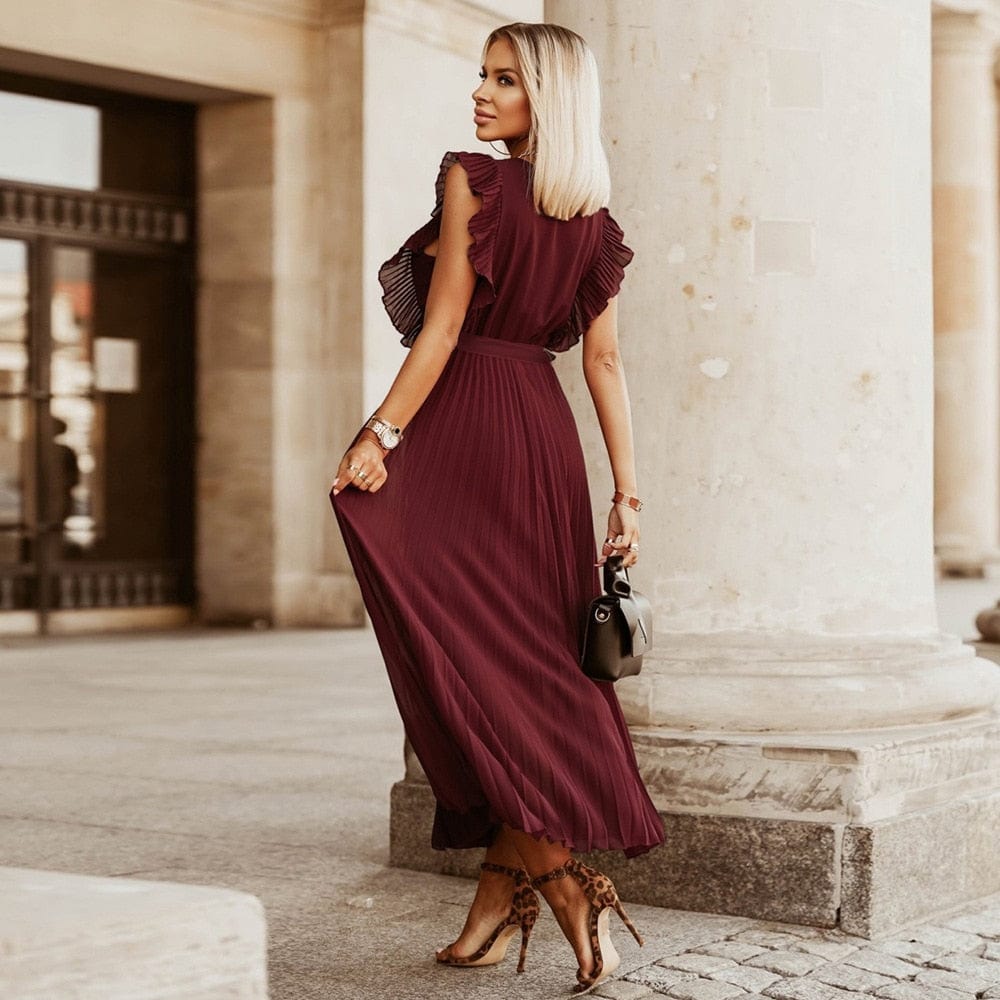 Elena™ Vestido Bohemio Festivo Rojo Oscuro Con Escote En V