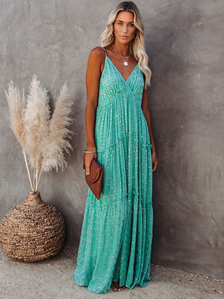 Evi™ Vestido Maxi Verde Con Escote En V Y Estampado Veraniego De Ibiza