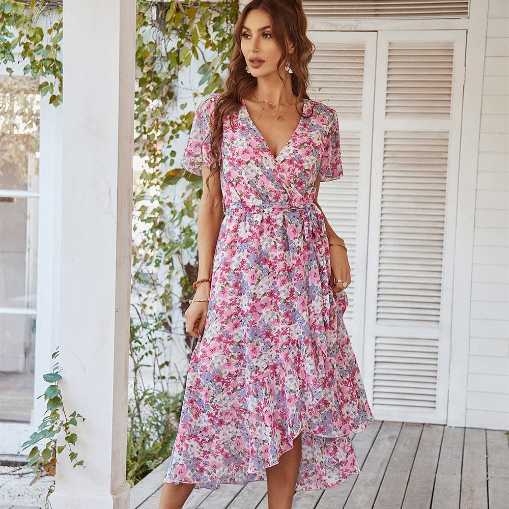 Fenna™ Vestido Midi Rosa con Estampado de Flores Bohemio