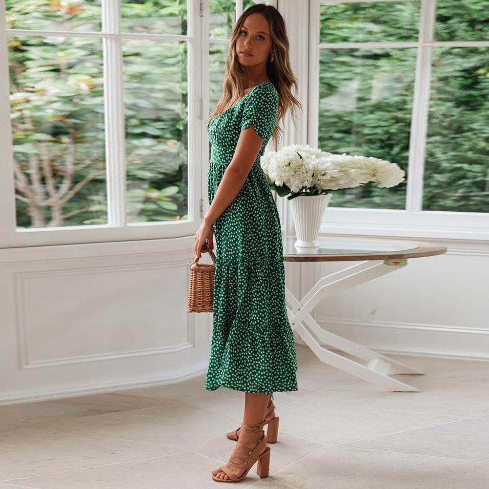 Charlie™ Vestido Midi Bohemio Verde con Manga Abullonada