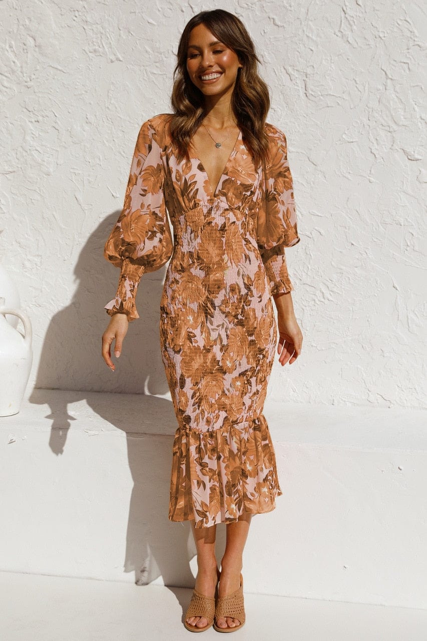 Pip™ - Vestido de Manga Larga Marrón con Elegante Estampado y Escote en V