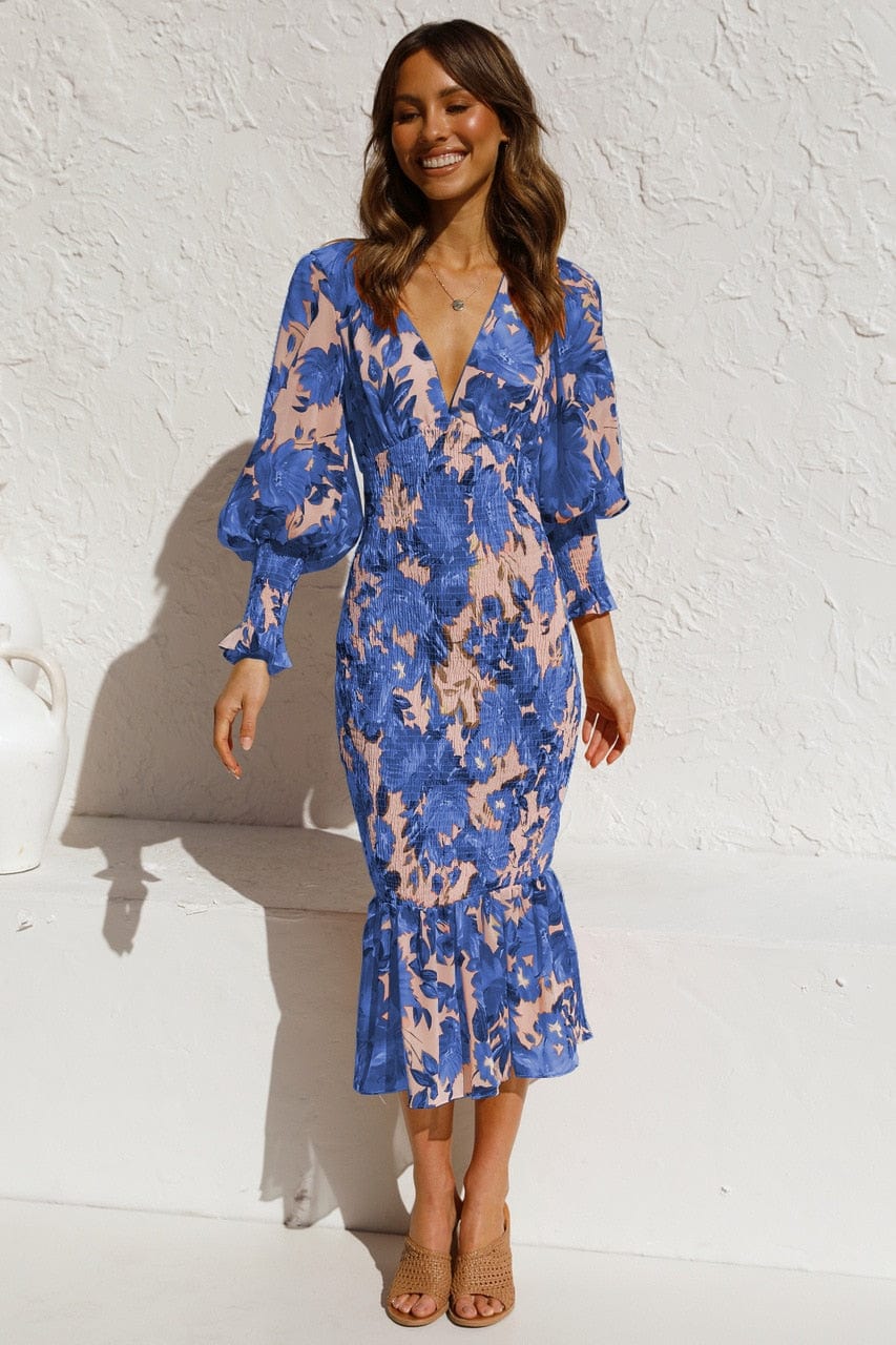 Liona™ - Vestido de Manga Larga Azul con Estampado Elegante y Escote en V