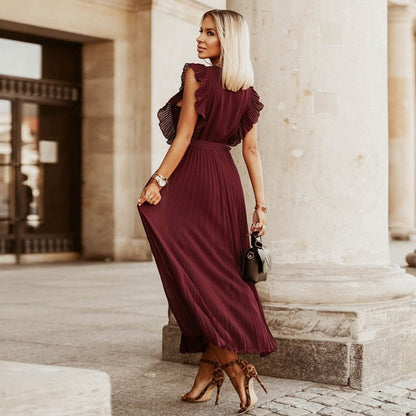 Elena™ Vestido Bohemio Festivo Rojo Oscuro Con Escote En V