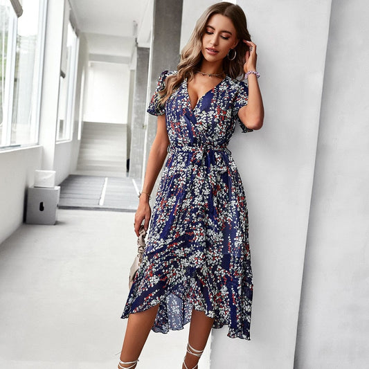Noa™ Vestido Midi Azul Oscuro con Estampado de Flores Bohemias