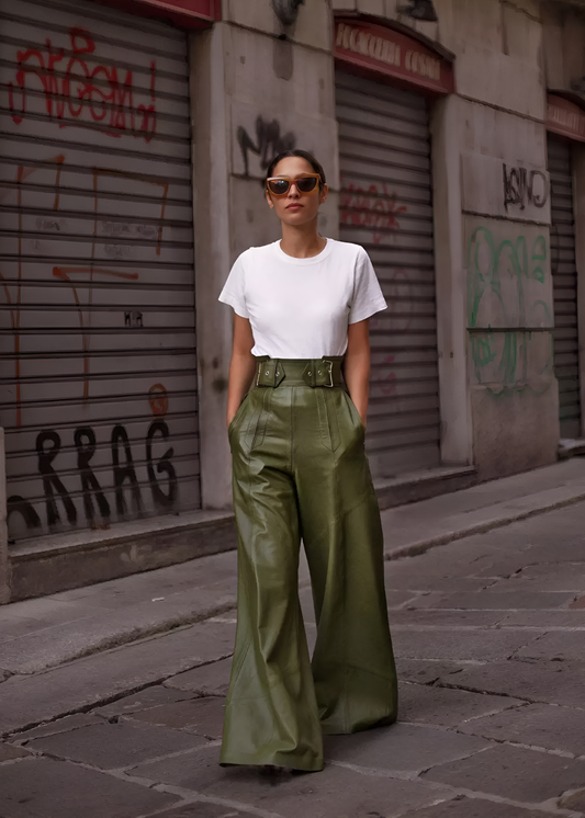 Fenna - Pantalones anchos de cuero para mujer