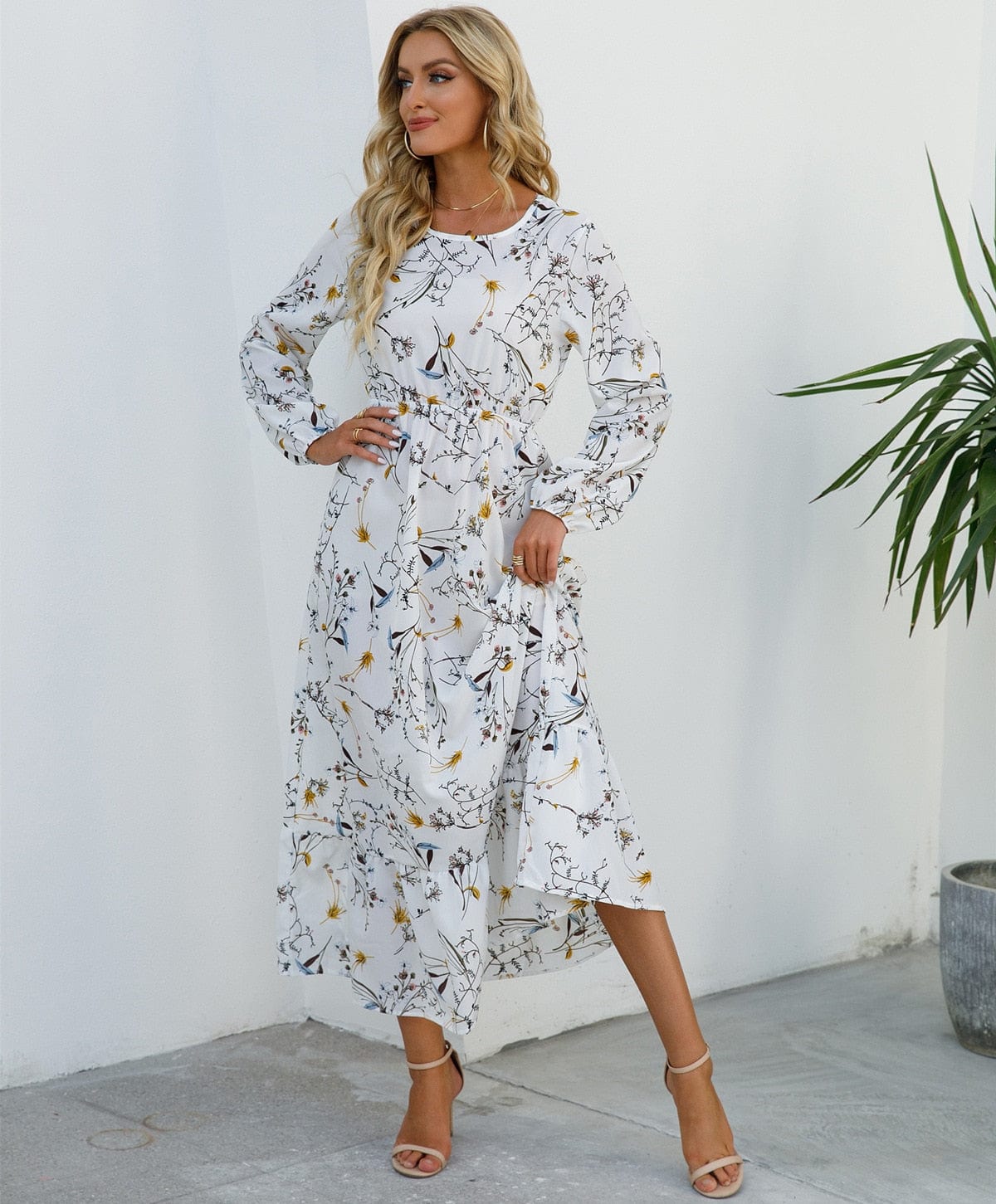 Mia™ Vestido Bohemio Blanco Festivo Con Estampado Floral Midi