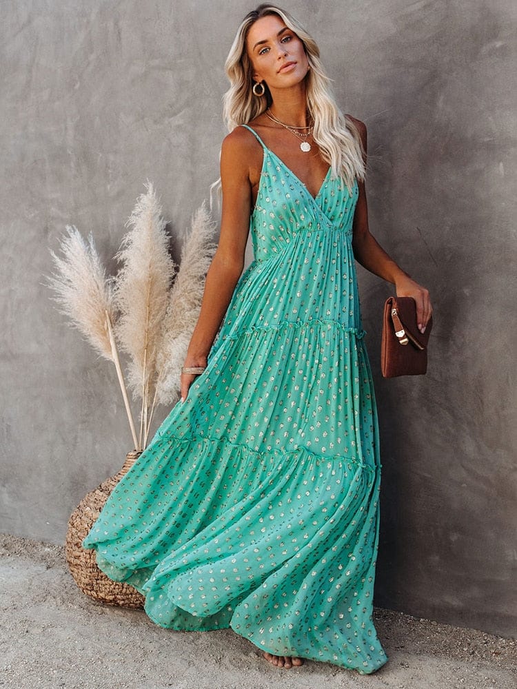 Evi™ Vestido Maxi Verde Con Escote En V Y Estampado Veraniego De Ibiza