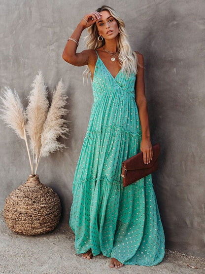 Evi™ Vestido Maxi Verde Con Escote En V Y Estampado Veraniego De Ibiza