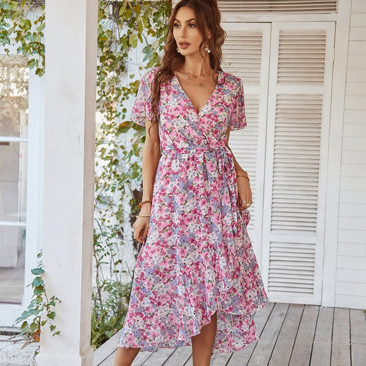 Fenna™ Vestido Midi Rosa con Estampado de Flores Bohemio