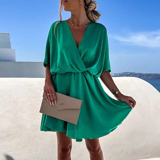 Oliana™ - Vestido Boho Verde Festivo Con Escote en V