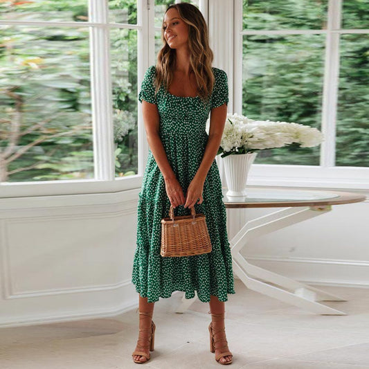 Charlie™ Vestido Midi Bohemio Verde con Manga Abullonada