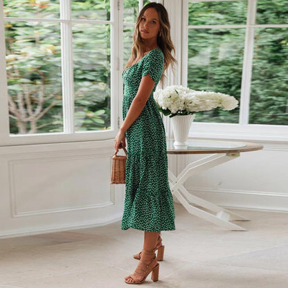 Charlie™ Vestido Midi Bohemio Verde con Manga Abullonada