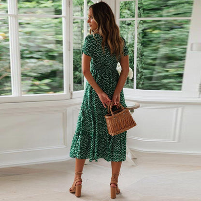 Charlie™ Vestido Midi Bohemio Verde con Manga Abullonada
