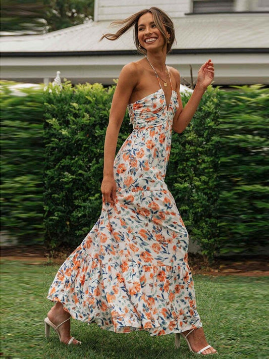 Elin™ Vestido de Invitada para Boda de Verano con Flores Naranjas y Escote en V