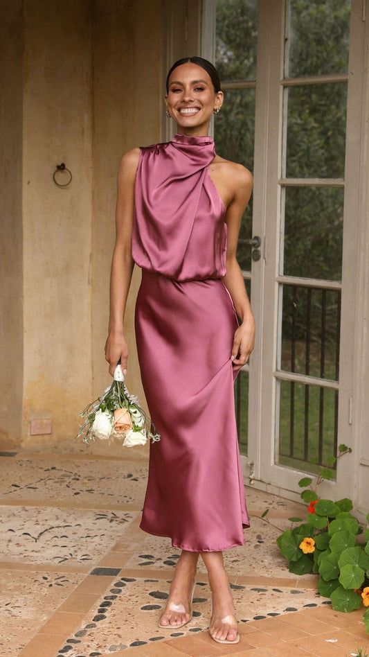Rochella™ - Elegante Vestido de Satén con Cuello Alto Rosa Viejo