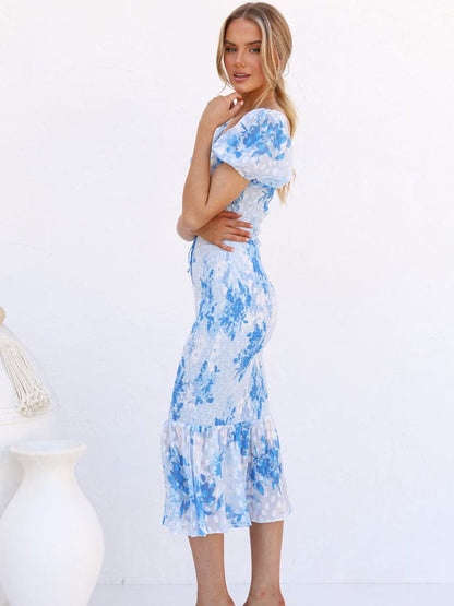 Lena™ Vestido Midi Sirena Azul con Mangas Abullonadas