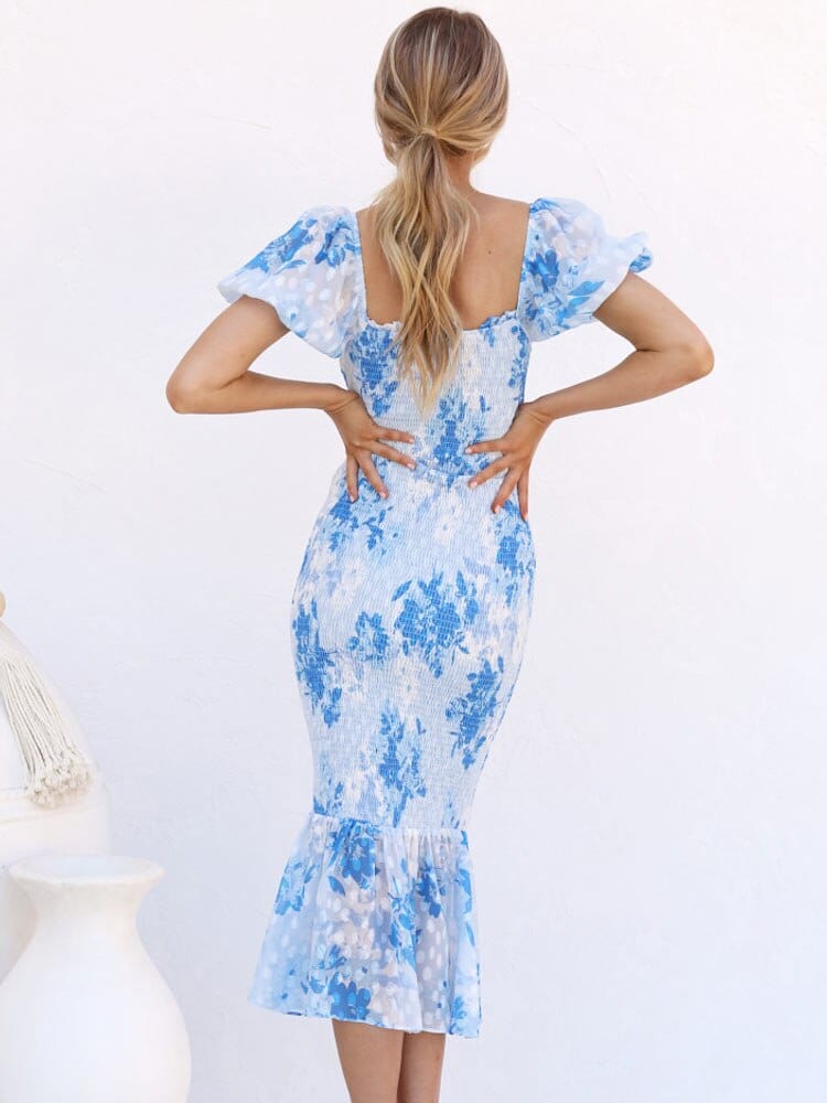 Lena™ Vestido Midi Sirena Azul con Mangas Abullonadas