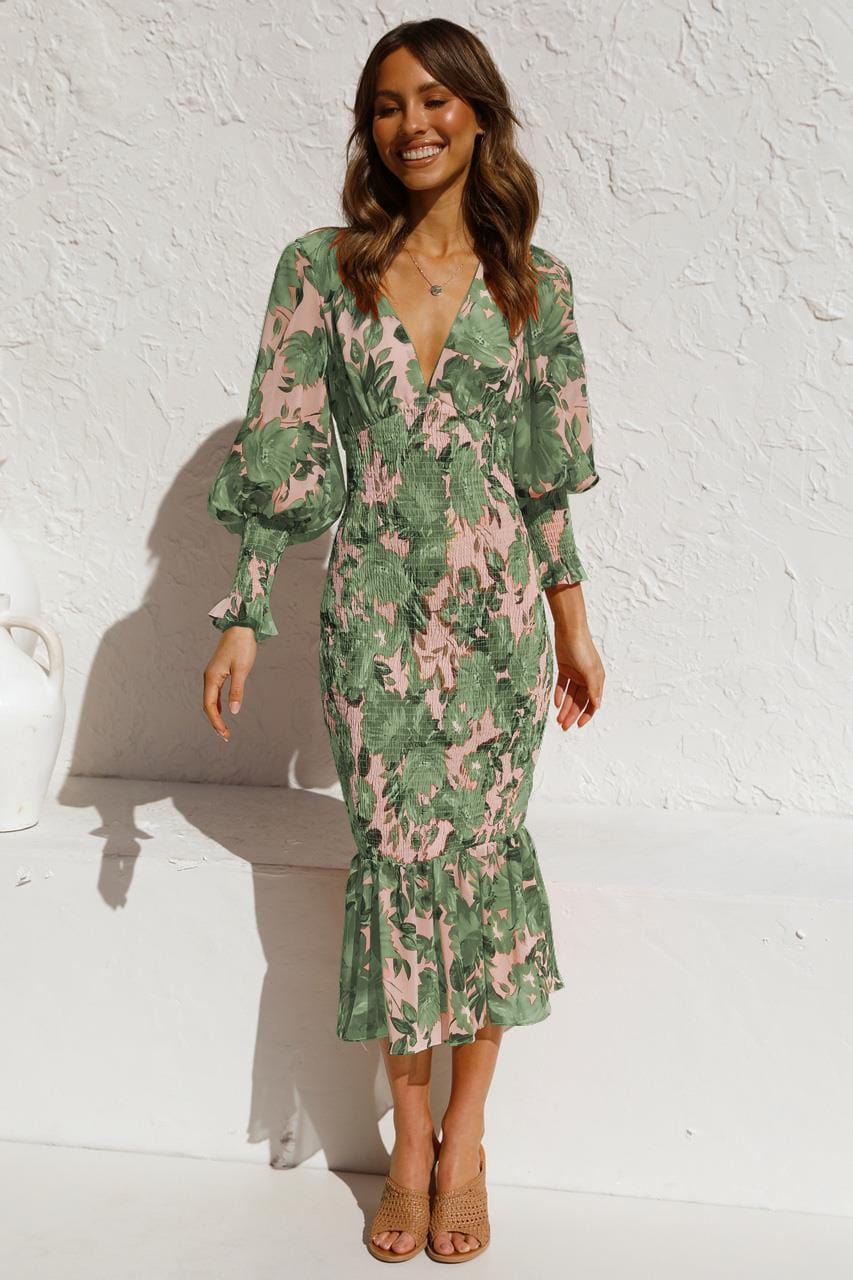 Lieke™ Vestido Verde de Manga Larga con Estampado Elegante y Escote en V