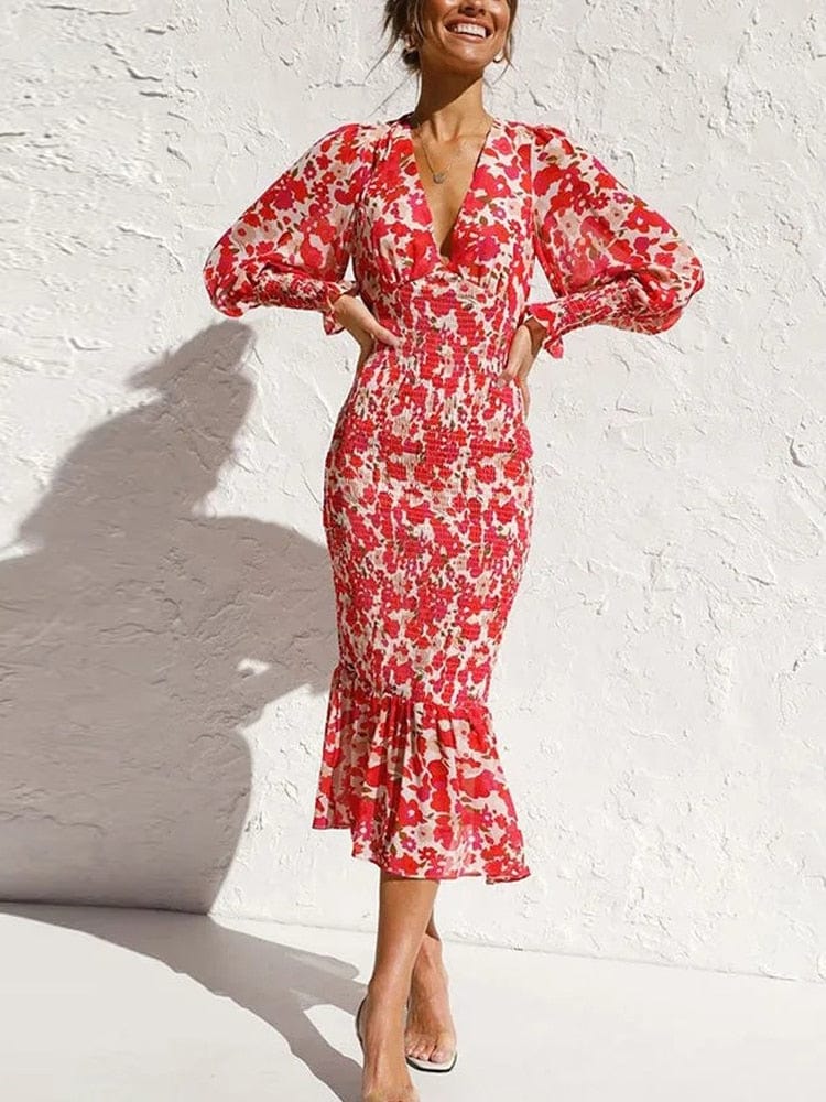 Hannah™ Vestido Largo de Manga Larga Rojo con Estampado Elegante y Escote en V