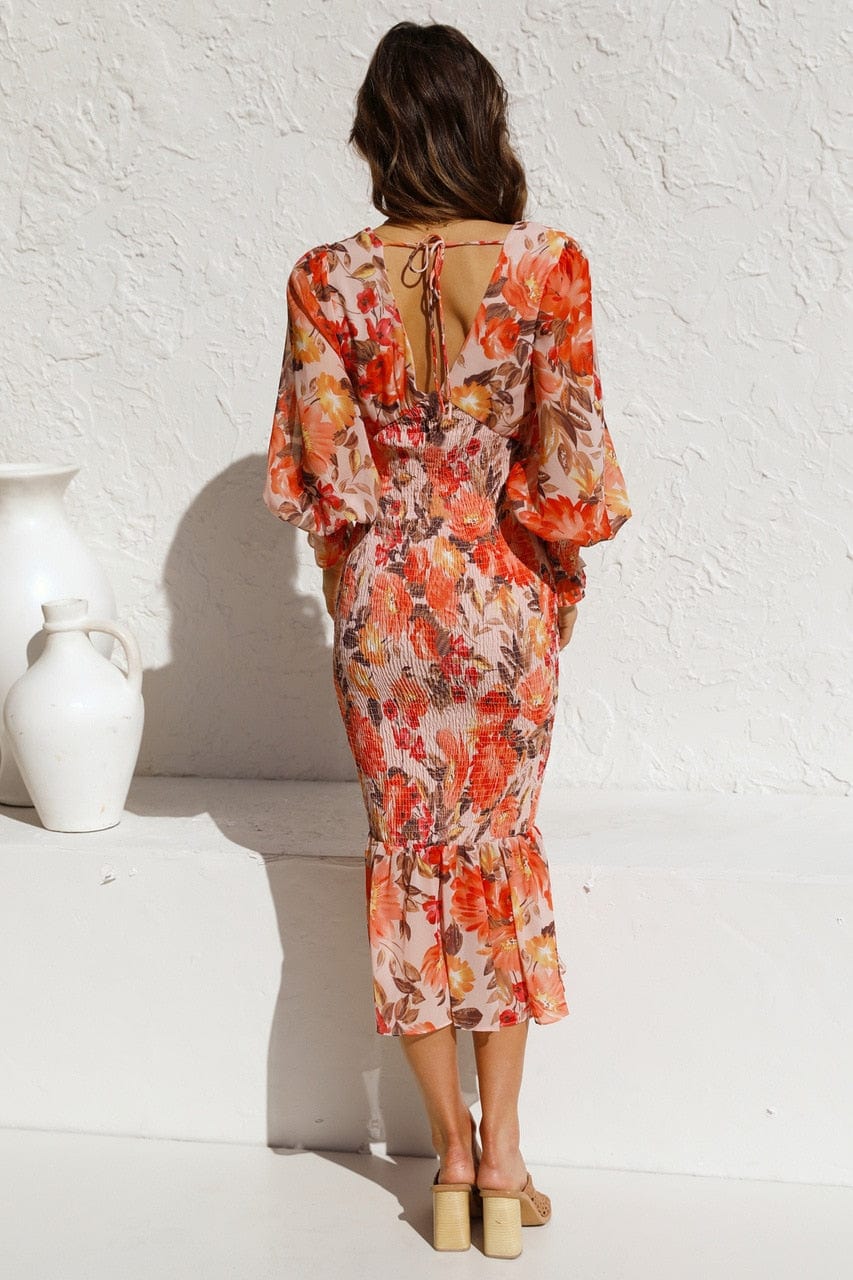 Pip™ - Vestido de Manga Larga Marrón con Elegante Estampado y Escote en V