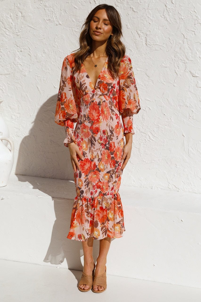 Kiana™ - Vestido Naranja de Manga Larga con Estampado Elegante y Escote en V