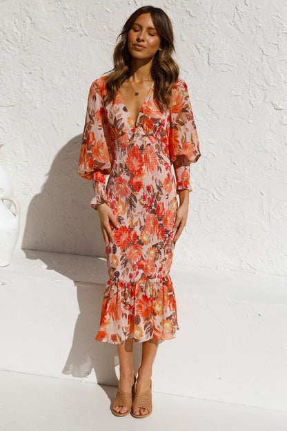 Kiana™ - Vestido Naranja de Manga Larga con Estampado Elegante y Escote en V