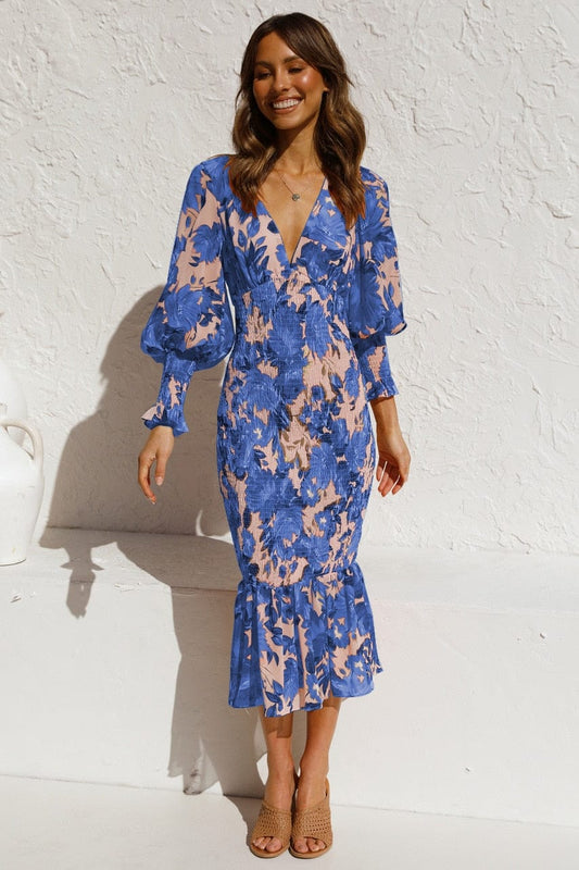 Liona™ - Vestido de Manga Larga Azul con Estampado Elegante y Escote en V
