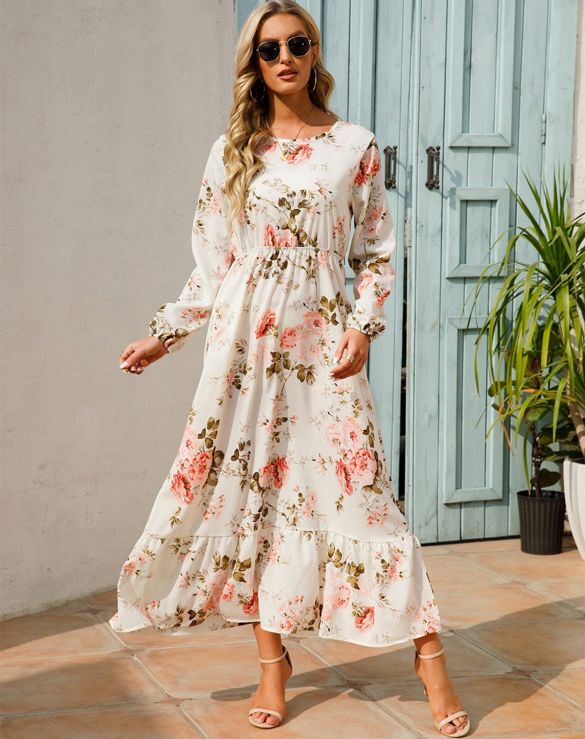 Julia™ Witte Maxi Vestido de Manga Larga con Estampado Floral Veraniego